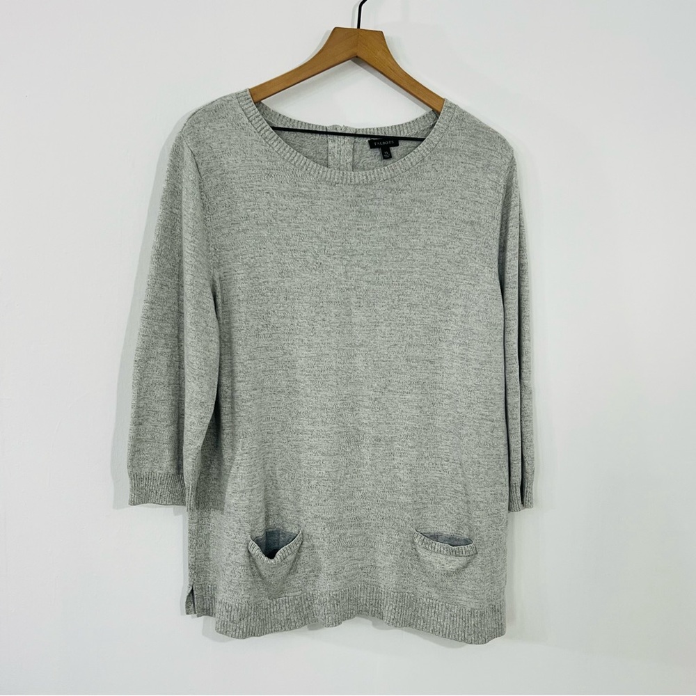 Talbots XL 3/4 Sleeve Knit Pullover Gray Top Zip Back Crew Neck Casual Comfy